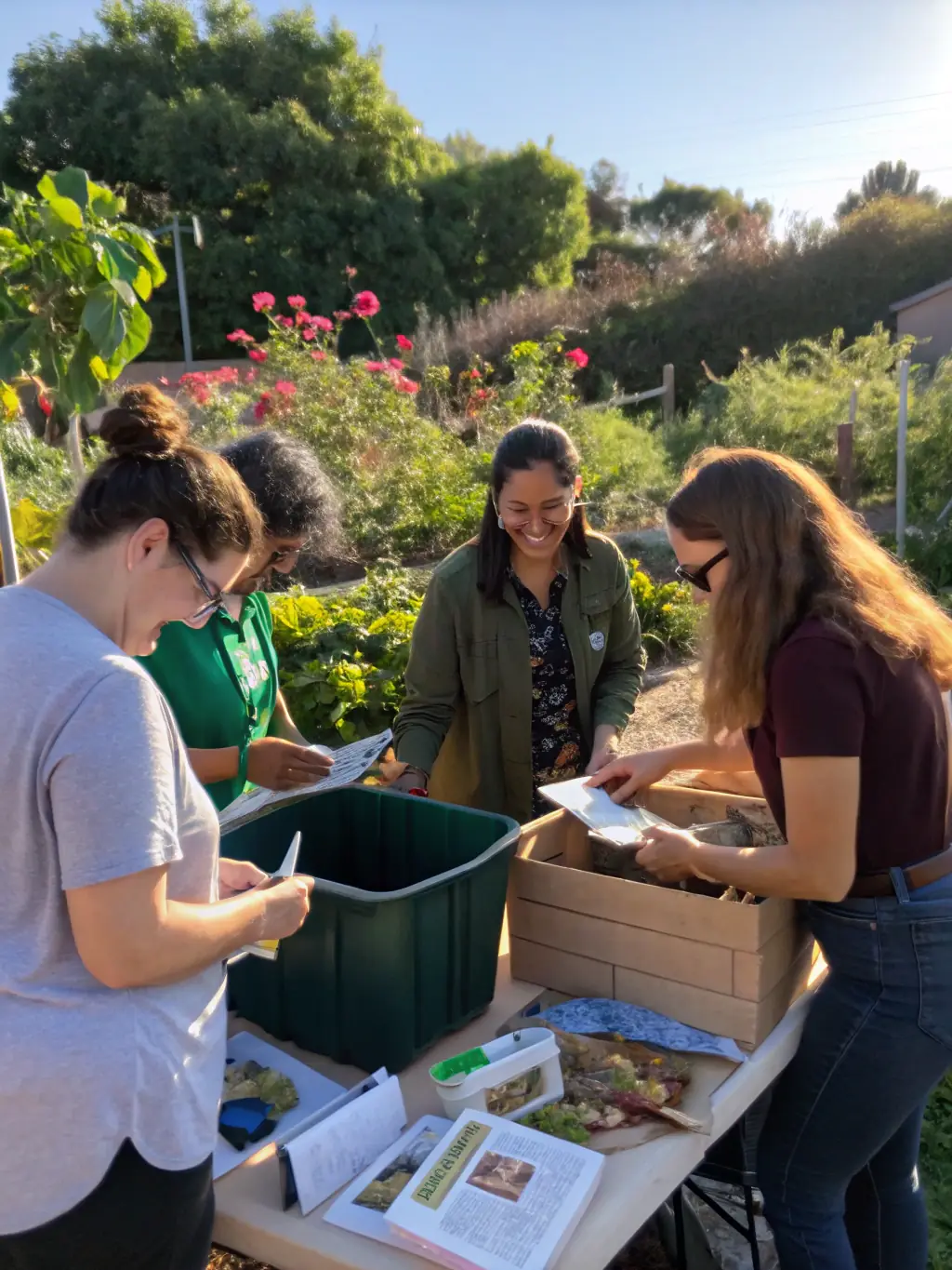 A workshop session where participants are learning about composting techniques and sustainable gardening practices.