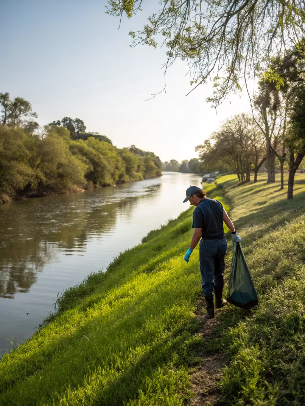 A group of volunteers cleaning up a local riverbank, removing trash and debris to protect aquatic life and improve water quality.