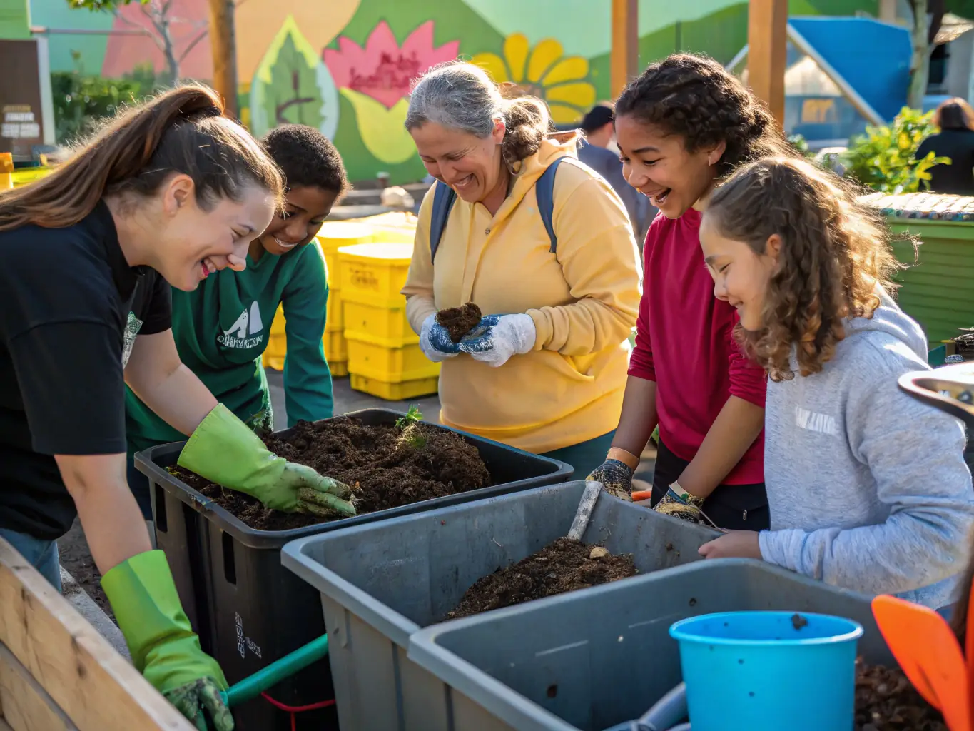 A workshop setting where participants are learning about composting techniques, demonstrating practical skills for sustainable waste management.