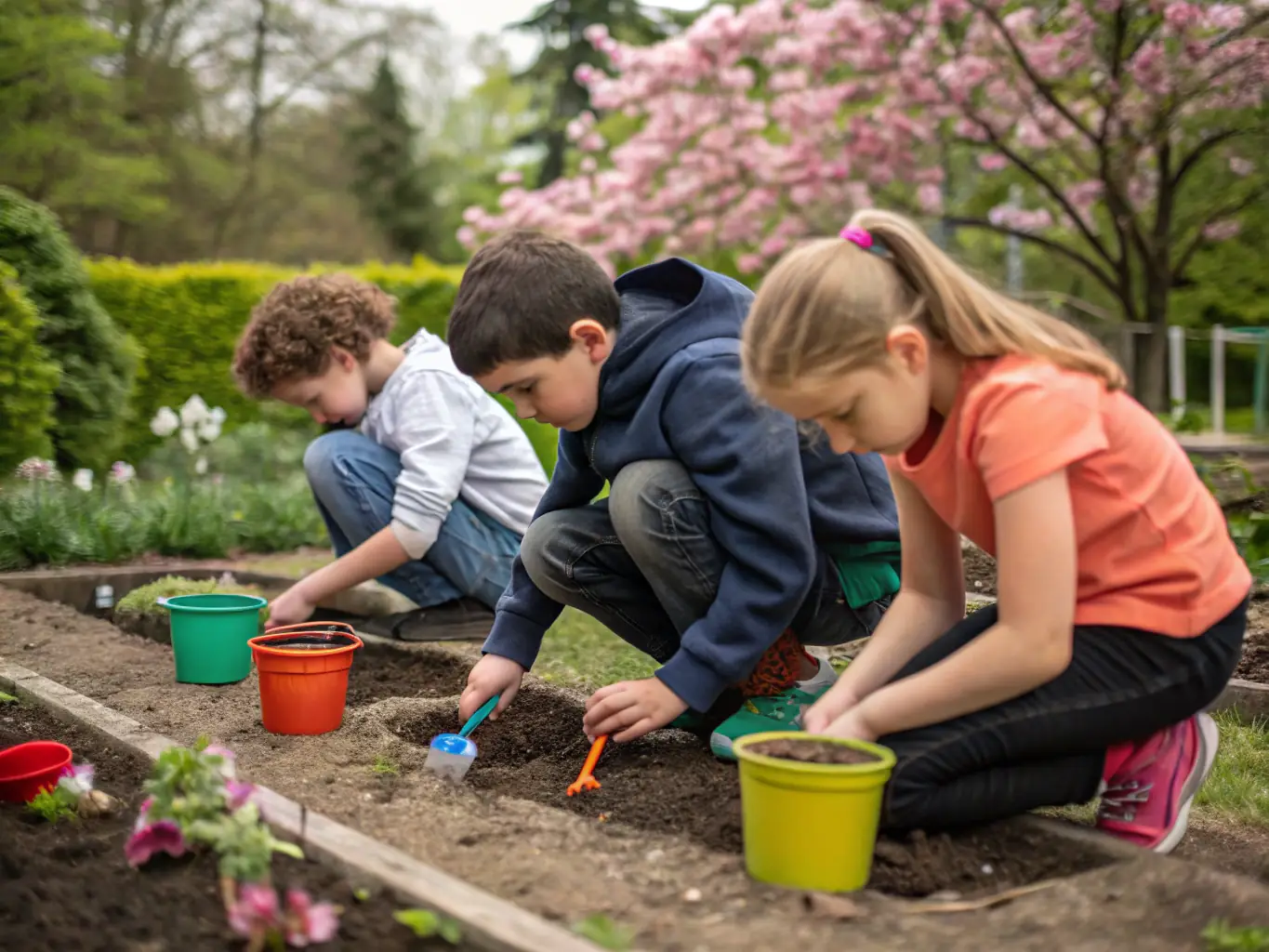 A group of children planting trees in a community garden, symbolizing environmental education and community involvement.