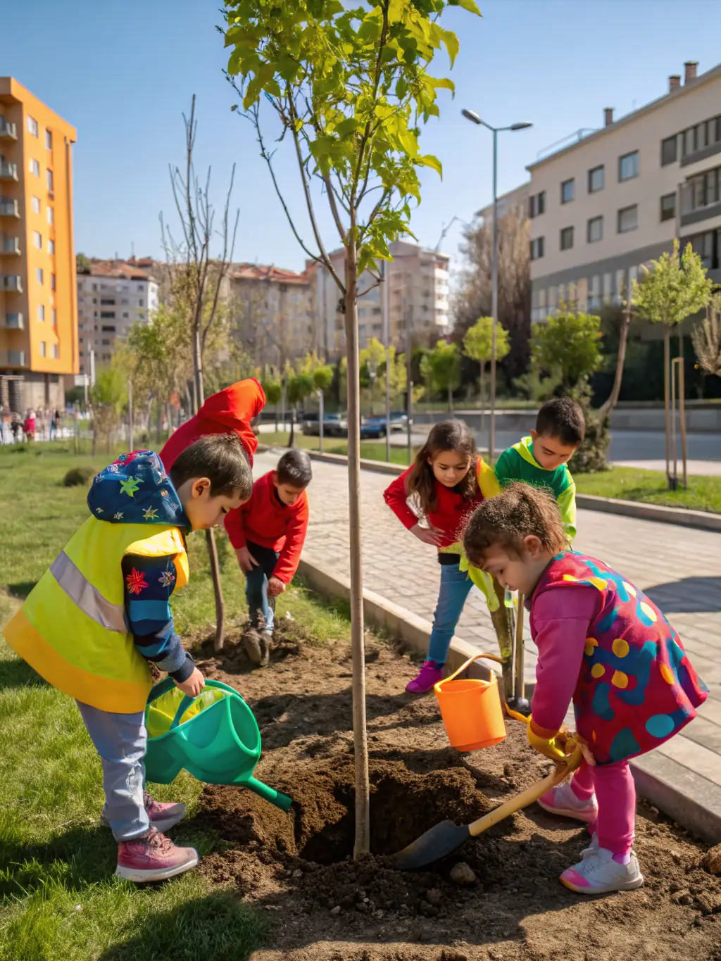 A group of children planting trees in a community garden, symbolizing environmental education and community involvement.