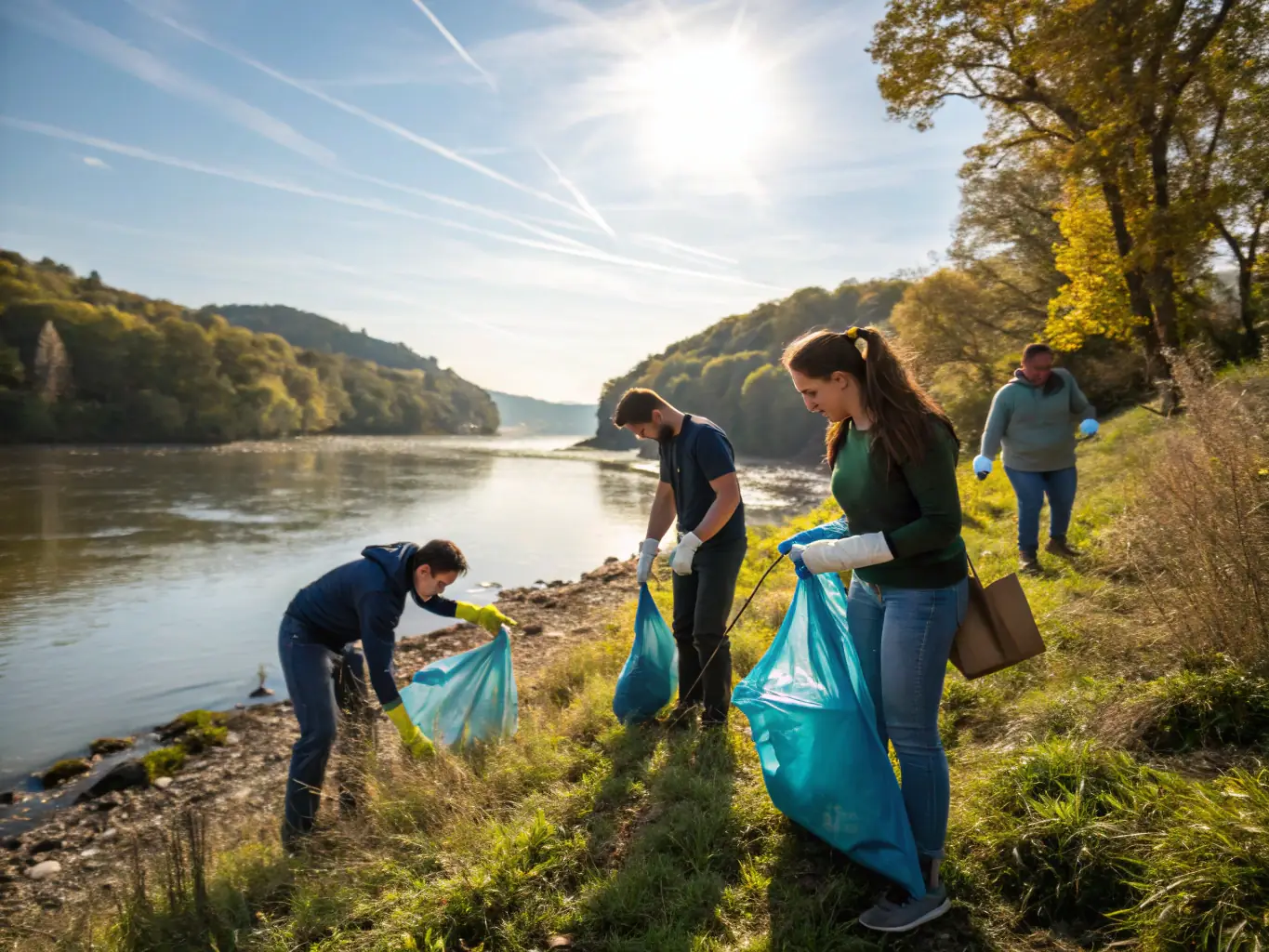 Volunteers cleaning up a local riverbank, showcasing community engagement and environmental conservation efforts.