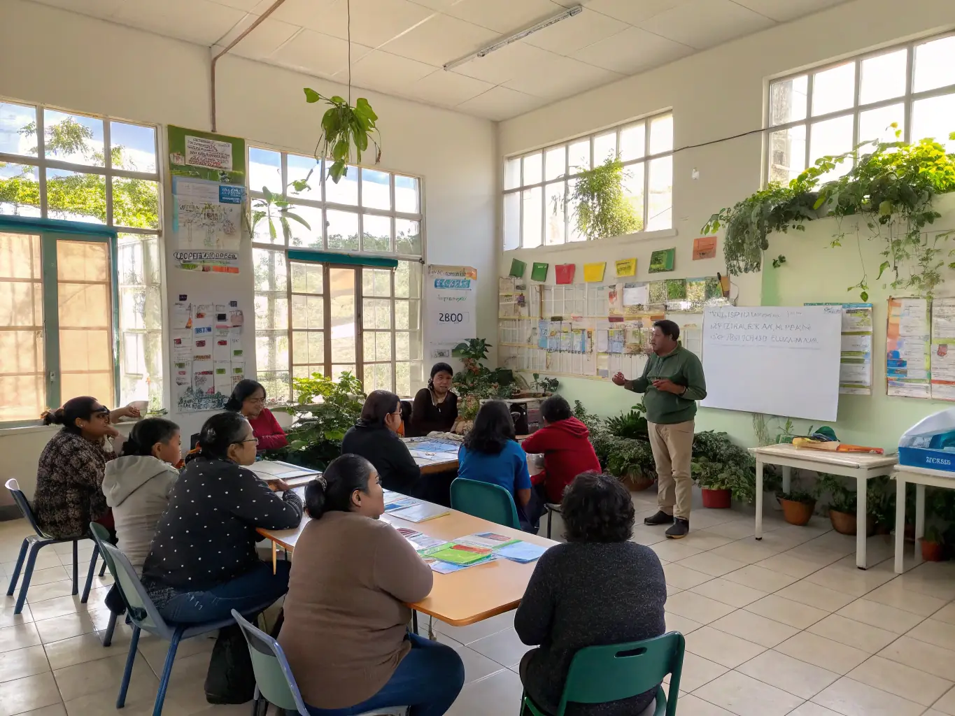 A workshop demonstrating sustainable gardening techniques, emphasizing practical skills and environmental responsibility.
