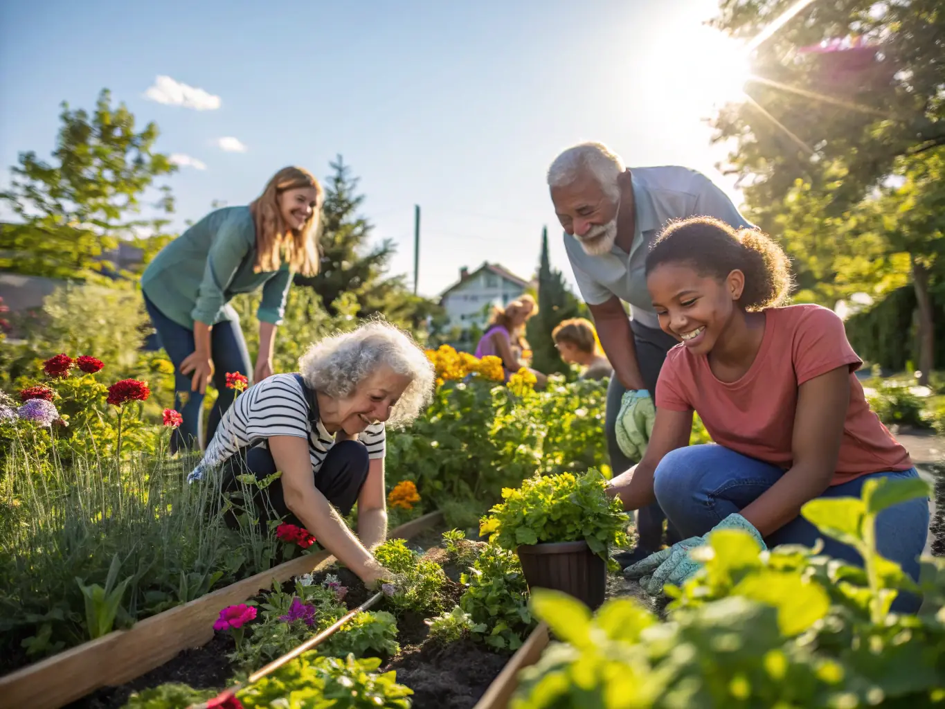 A vibrant community garden with diverse plants and people of all ages working together, symbolizing community engagement and sustainable living.